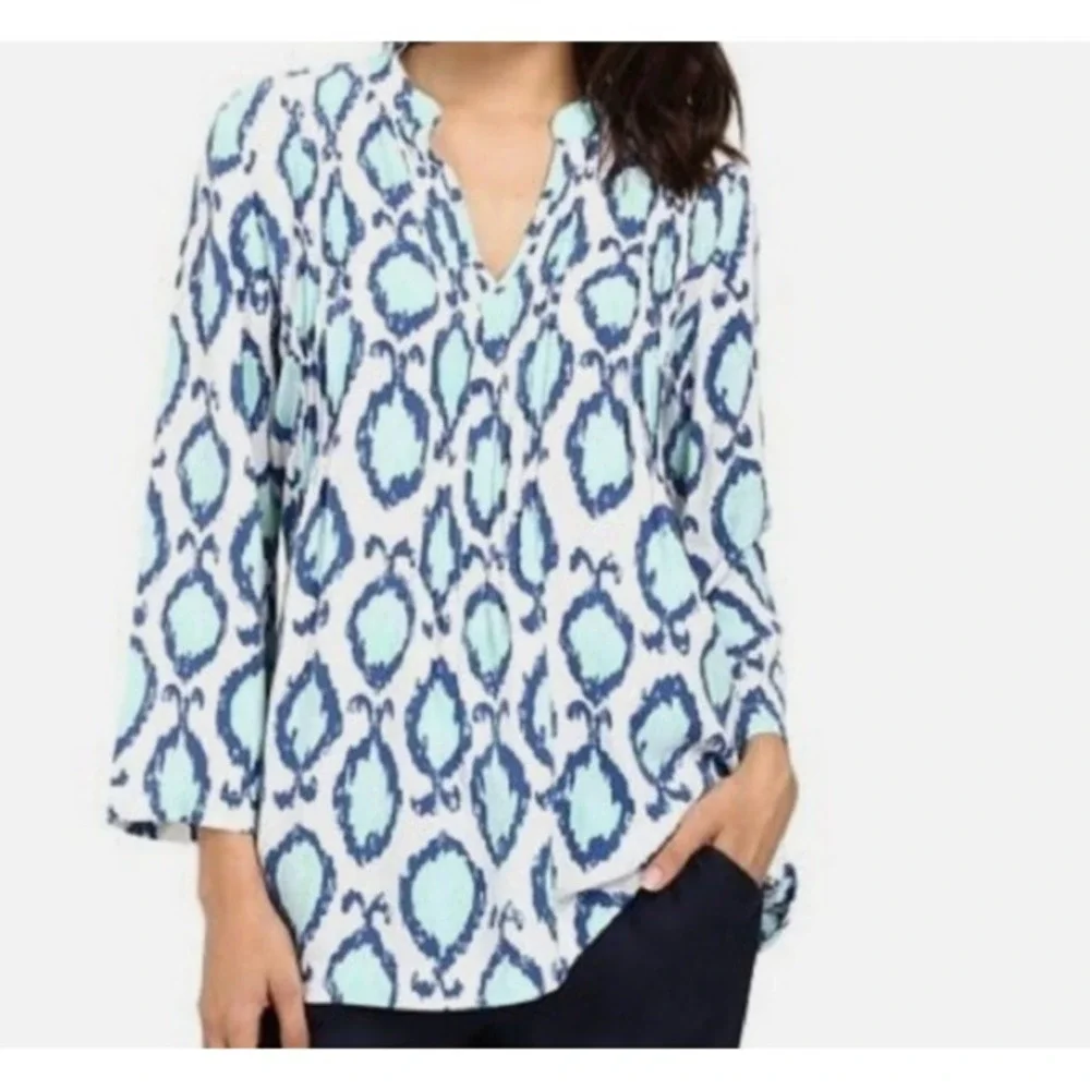 Lilly Pulitzer Sarasota Tunic Women XS Blue Mint Ikat Medallion‎ Split Neck Top - Picture 2 of 12